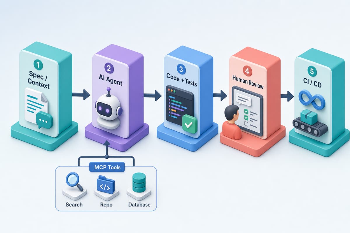 AI駆動開発のワークフロー図。仕様・コンテキスト、AIエージェント、コードとテスト、人によるレビュー、CI/CDの5段階を矢印でつなぎ、MCP経由で検索・リポジトリ・データベースのツールに接続する流れを示す。