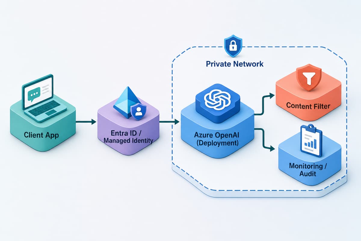 Azure OpenAI の構成図。クライアントアプリが Entra ID / Managed Identity を経由し、プライベートネットワーク内の Azure OpenAI デプロイに接続。コンテンツフィルタと監視・監査を併記。