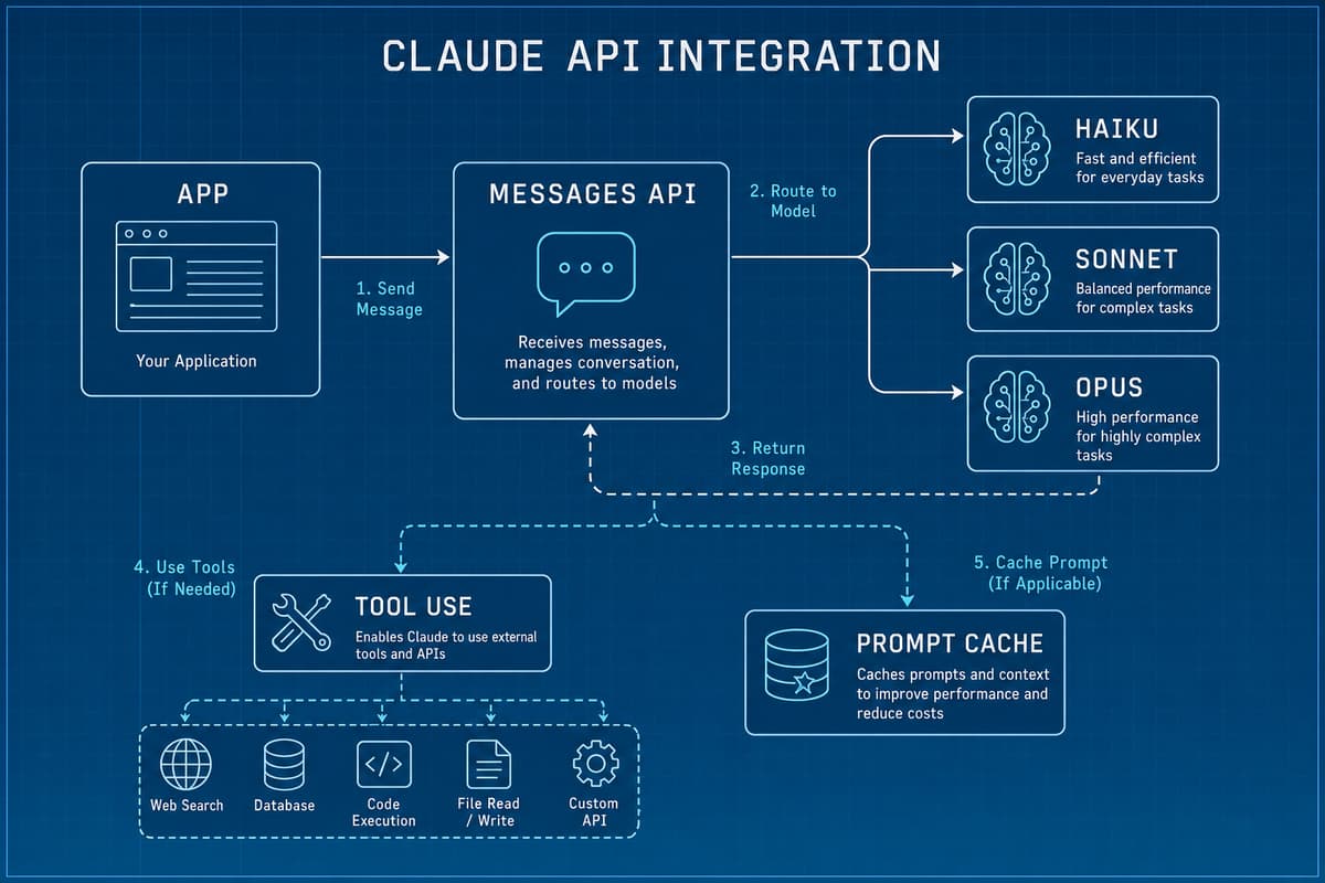 Claude API 統合の設計図。アプリが Messages API に接続し、Haiku・Sonnet・Opus のモデルへ振り分ける。ツール使用とプロンプトキャッシュのブロックも示す。