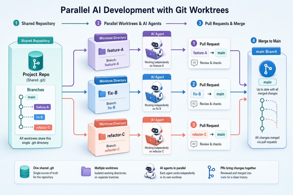 git worktree による並列AI駆動開発の図。共有された一つのリポジトリから feature-A、fix-B、refactor-C の3つの作業ツリーが分岐し、それぞれ独立したブランチ上でAIエージェントが作業し、プルリクエスト経由で main に統合される流れを示す。