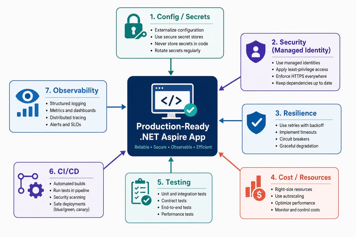 .NET Aspire の本番運用ベストプラクティスを示す図。中央の本番稼働アプリを囲むように、構成とシークレット、セキュリティ（マネージドID）、回復性、可観測性、コストとリソース、テスト、CI/CD の各柱がラベル付きで配置され、それぞれが中央のアプリに接続されている様子を表す