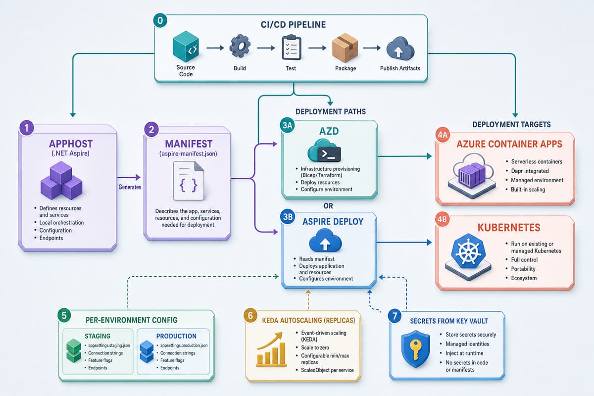 .NET Aspire アプリのデプロイ構成図。AppHost が生成するマニフェストを起点に、azd と aspire deploy の二経路で Azure Container Apps と Kubernetes へデプロイし、環境ごとの構成、KEDA によるオートスケールのレプリカ、シークレット、そして CI/CD パイプラインが全体を駆動する流れを示している