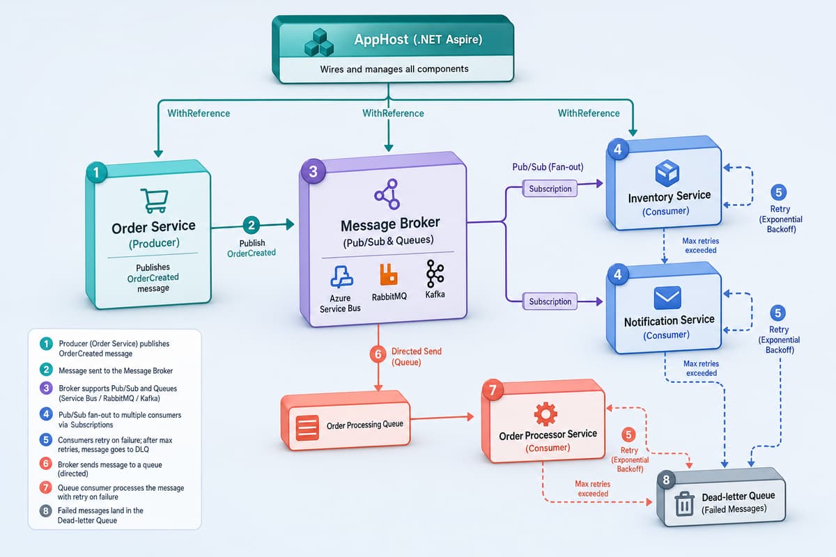 Order Service がメッセージをブローカー(Azure Service Bus / RabbitMQ / Kafka)へ発行し、pub/sub とキューで Inventory Service と Notification Service へ配送、リトライとデッドレターを備え、AppHost が WithReference で全体を配線する .NET Aspire のイベント駆動構成図
