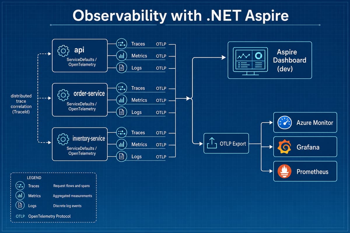 .NET Aspire の可観測性アーキテクチャ図。各サービスが ServiceDefaults の OpenTelemetry でトレース・メトリクス・ログを OTLP で送出し、開発時は Aspire ダッシュボード、本番は OTLP エクスポート経由で Azure Monitor・Grafana・Prometheus に届く流れと、トレース ID による分散トレース相関を示す