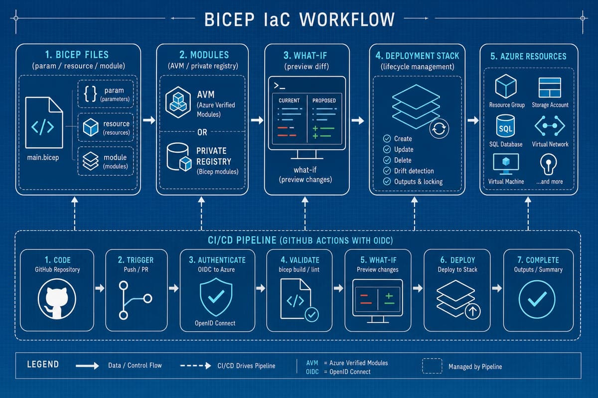 Bicep による IaC のワークフロー図。Bicep ファイルと AVM やレジストリのモジュールから what-if による差分確認、Deployment Stack を経て Azure リソースへデプロイされ、GitHub Actions の CI/CD が全体を駆動する流れを示す