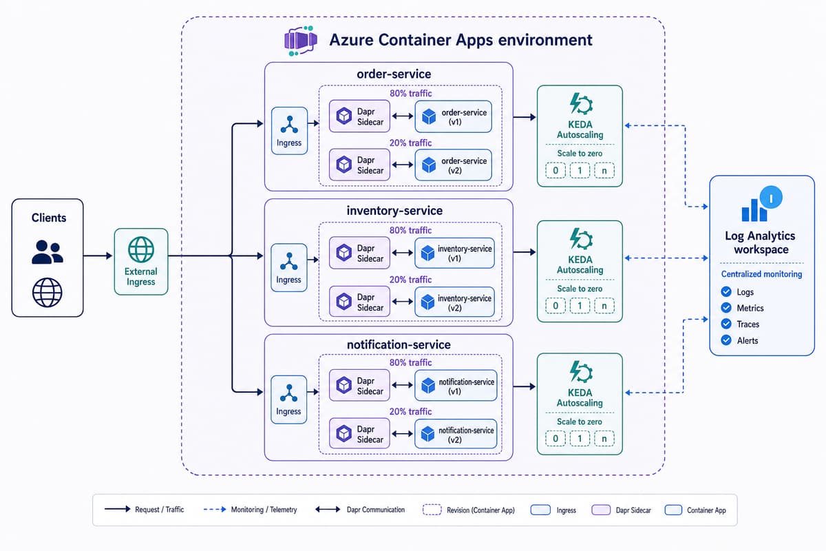 Azure Container Apps 環境内に複数のマイクロサービスが配置され、Ingress、リビジョンとトラフィック分割、Dapr サイドカー、KEDA によるゼロスケール、Log Analytics 連携を示した構成図