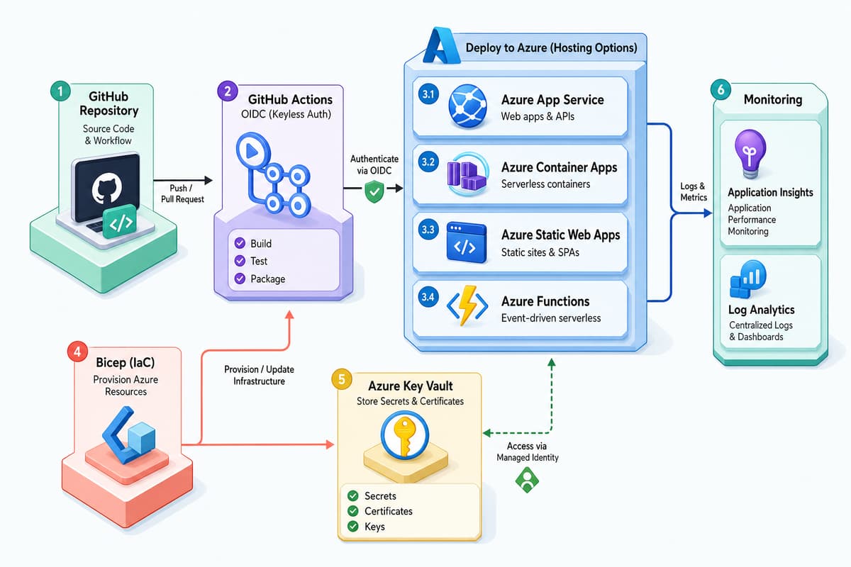 GitHub Actions から OIDC でキーレス認証し、App Service・Container Apps・Static Web Apps・Functions へデプロイする CI/CD の構成図。Bicep による構成管理、Key Vault、Application Insights も示す
