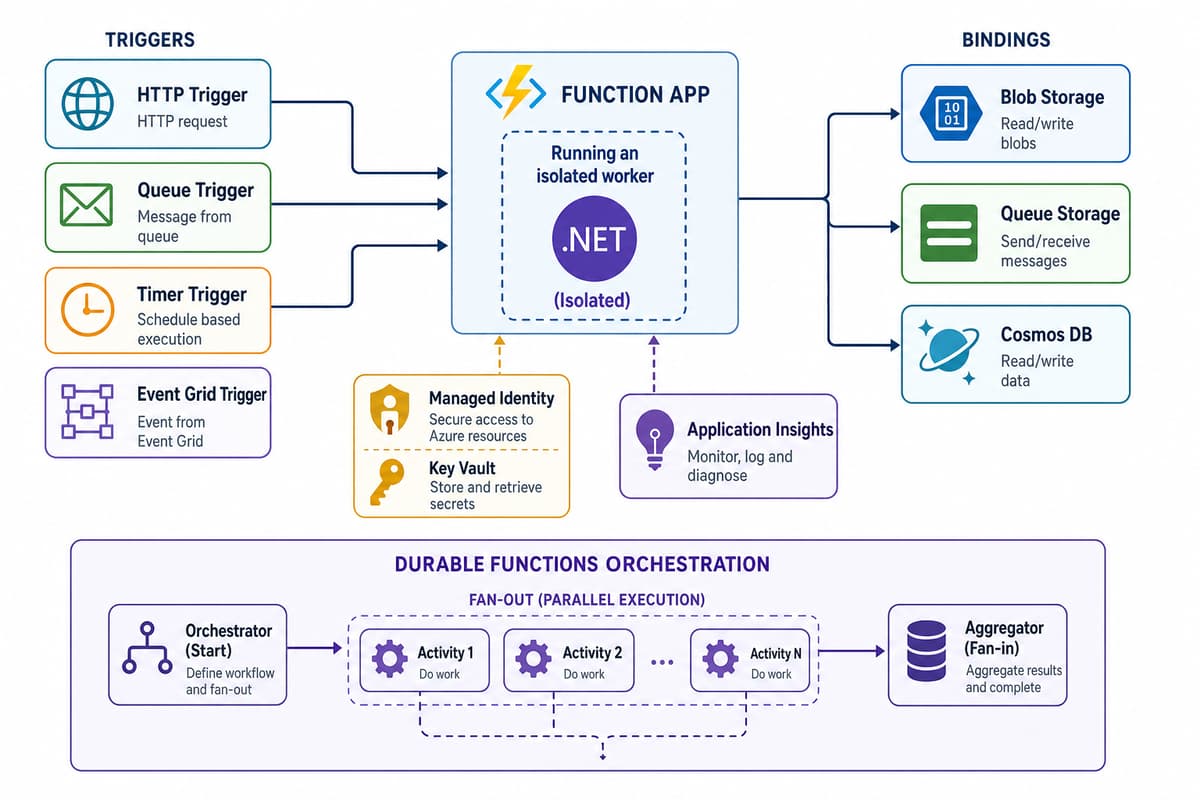 Azure Functions のアーキテクチャ図。HTTP・Queue・Timer・Event Grid のトリガーが分離ワーカーで動く関数アプリを起動し、Blob・Queue・Cosmos DB のバインディングへ出力する。Durable Functions のファンアウト・ファンインと、マネージド ID・Key Vault、Application Insights を示す。