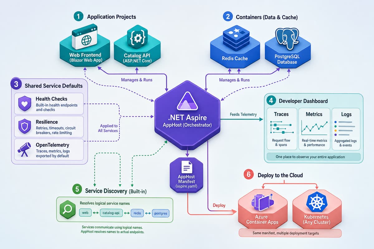 .NET Aspire の AppHost が Web フロントエンド、Catalog API、Redis、PostgreSQL を束ね、Service Defaults がヘルスチェック・回復性・OpenTelemetry を各サービスに提供し、ダッシュボードでトレース・メトリクス・ログを確認し、マニフェストから Azure Container Apps と Kubernetes へデプロイする構成を示した図