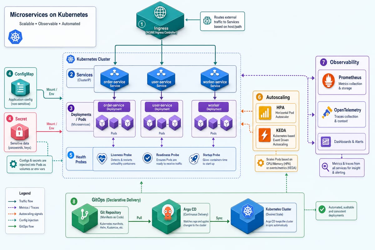 Ingress からServices、Deployments/Podsへとつながり、ConfigMap/Secret、HPA/KEDAによる自動スケール、ヘルスプローブ、Prometheus/OpenTelemetryによる可観測性、Argo CDによるGitOpsを示したKubernetes上のマイクロサービス構成図