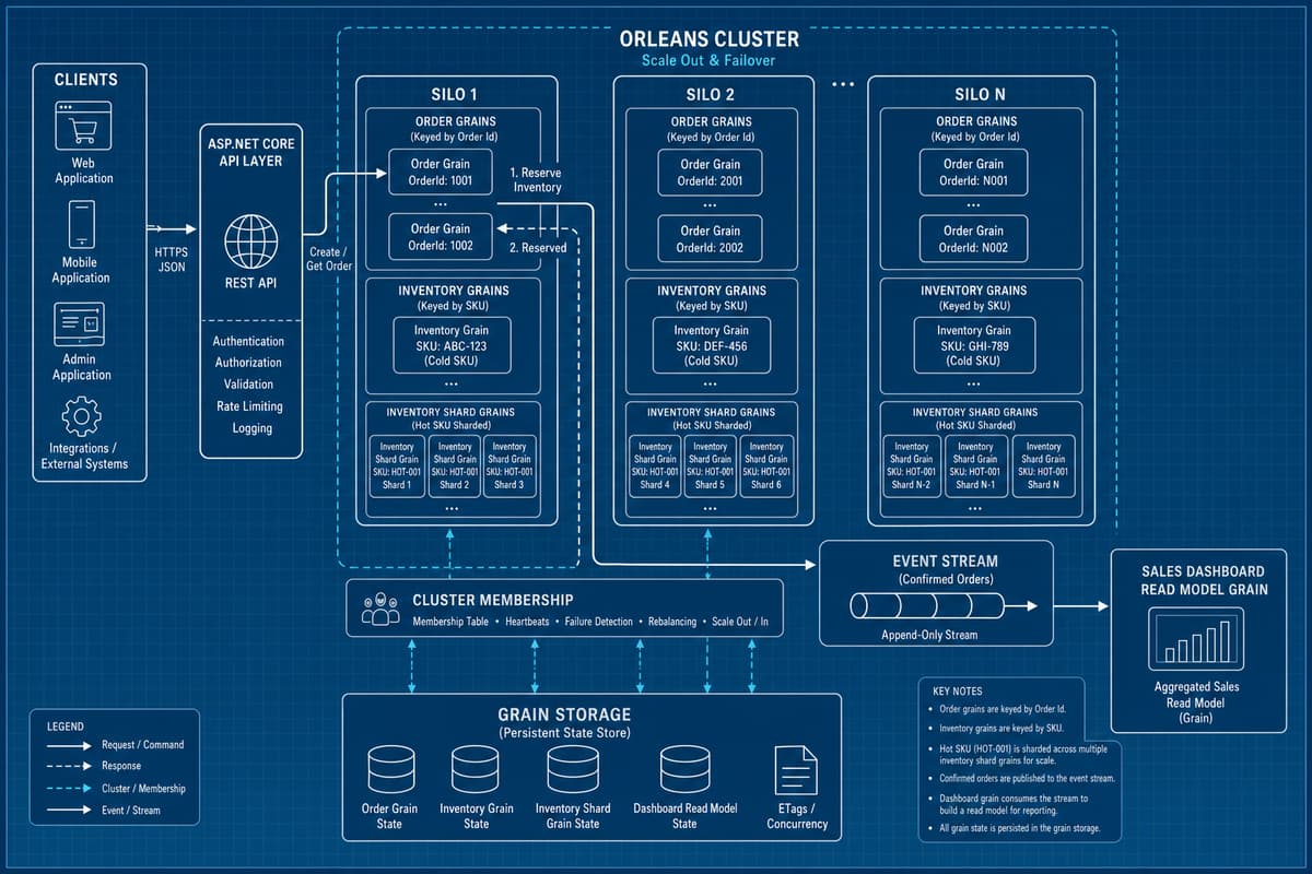 注文と在庫をリアルタイム処理する Orleans システムの構成図。クライアントと API 層、複数サイロからなるクラスター上の注文グレインと SKU 単位の在庫グレイン、ホットな SKU のシャード分割、状態の永続化、確定注文を流すイベントストリームと集計用の読み取りモデルを示す。