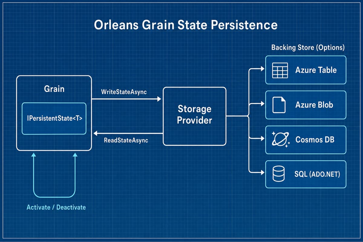 Orleans のグレイン状態永続化を示す図。グレイン内の IPersistentState が WriteStateAsync と ReadStateAsync でストレージプロバイダーとやり取りし、その先で Azure Table・Blob・Cosmos DB・SQL のいずれかへ保存され、グレインは活性化と非活性化のライフサイクルを持つ。
