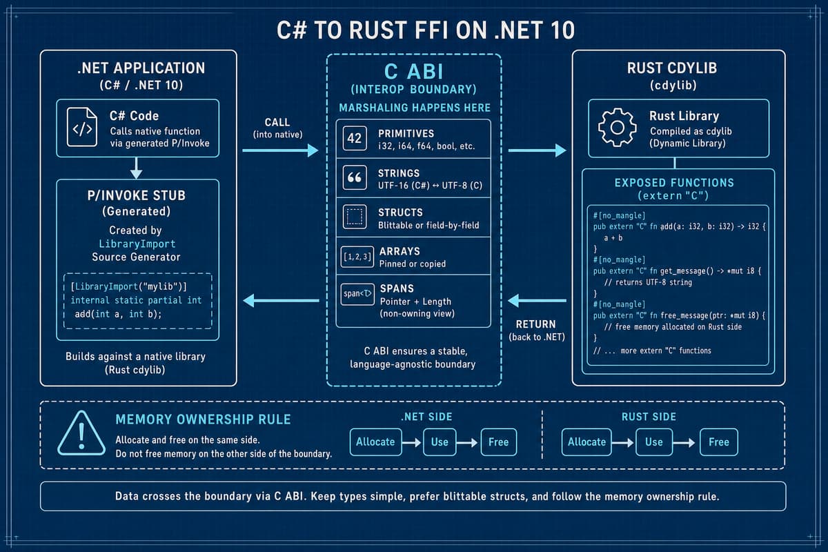 .NET 10 アプリが P/Invoke(LibraryImport)で C ABI 境界を越え、extern C を公開する Rust cdylib を呼び出す構成を示す図。境界ではプリミティブ・文字列・構造体・配列・スパンがマーシャリングされ、メモリは確保した側で解放する。