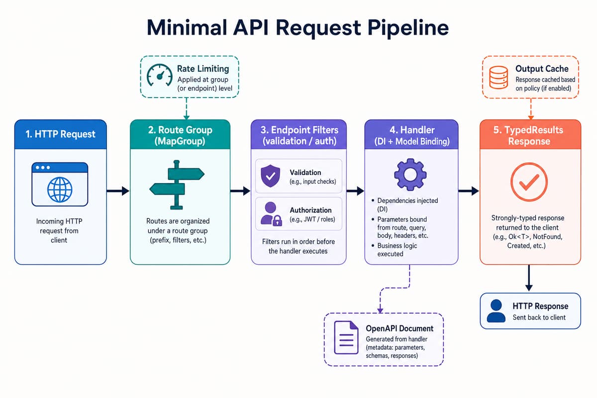.NET 10 Minimal APIs のリクエスト処理の流れを示した図。HTTPリクエストがルートグループ、エンドポイントフィルタ、ハンドラを経て TypedResults を返し、OpenAPI ドキュメントが自動生成される様子を表している