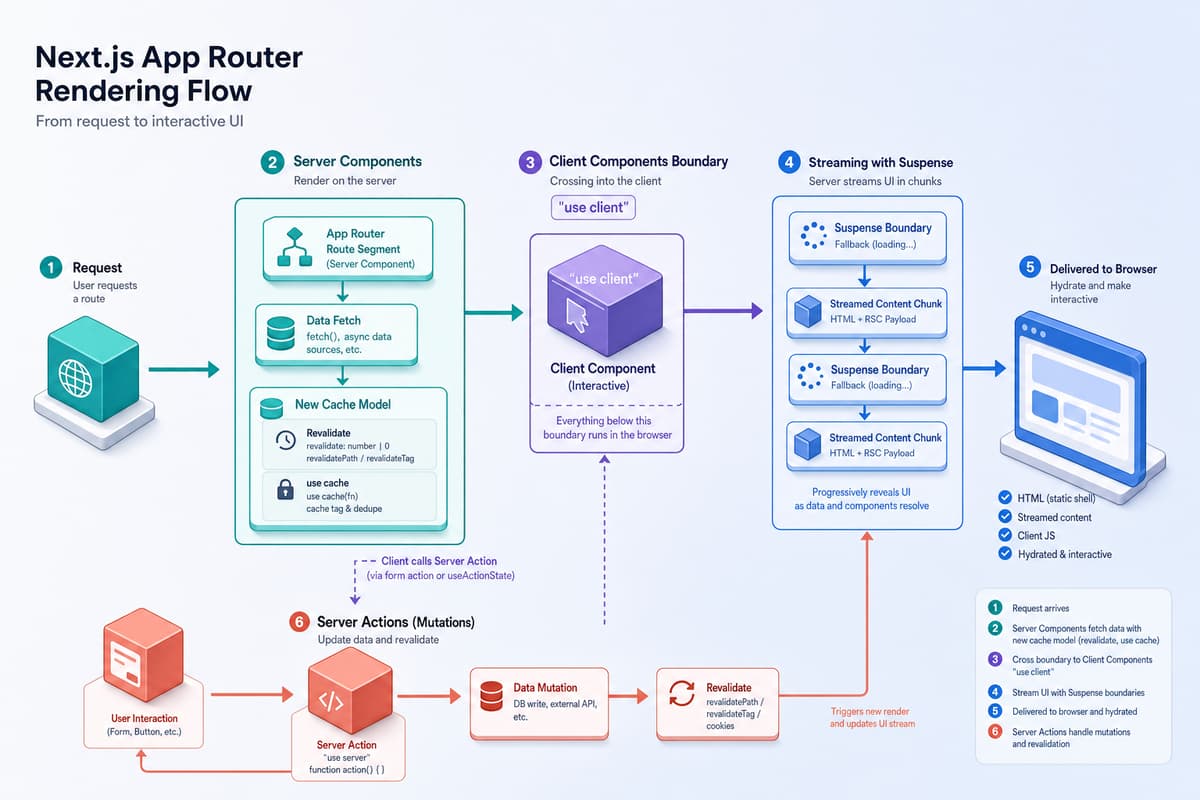 Next.js App Router のレンダリングの流れを示す図。サーバーコンポーネントでのデータフェッチとキャッシュ、クライアントコンポーネントの境界、Server Actions、Suspense によるストリーミング、Partial Prerendering がブラウザへ届くまでを表す
