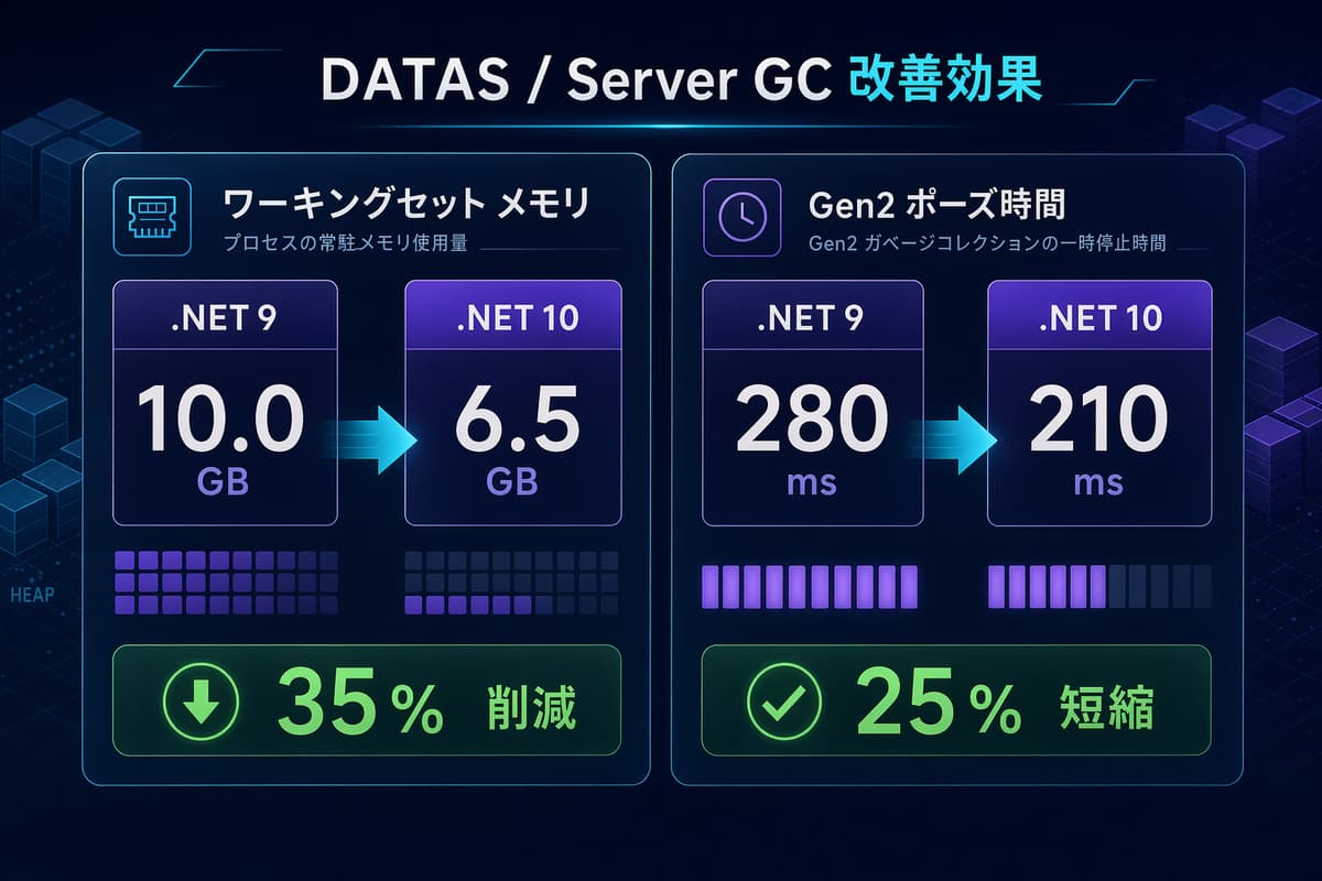 DATAS によるメモリ使用量と Gen2 ポーズ時間の改善比較