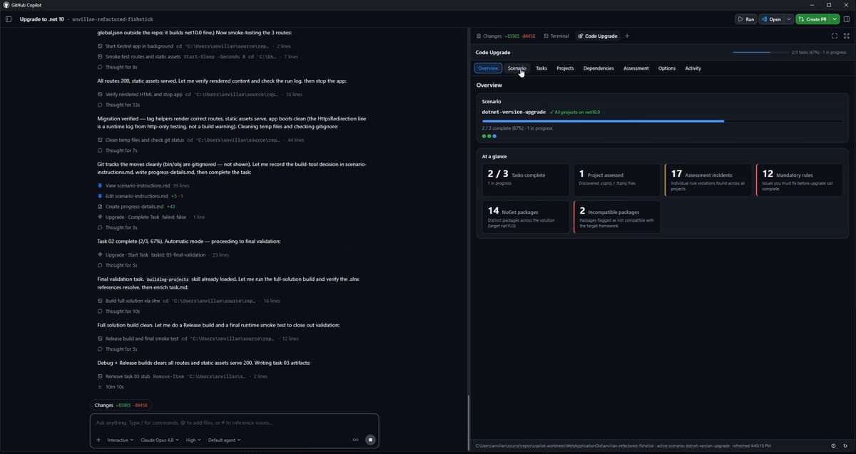 GitHub Copilot アプリのアップグレードキャンバスの概要タブ。タスクの完了数、評価済みプロジェクト数、検出された指摘件数、NuGet パッケージ数と非互換パッケージ数がカードとして並んでいる