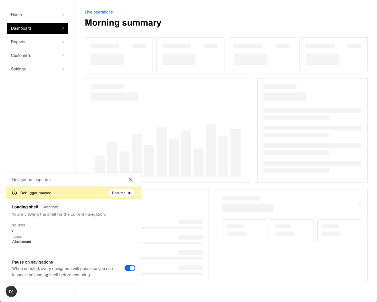 Next.js の Navigation Inspector。/ から /dashboard への遷移を『Debugger paused』で一時停止し、読み込みシェル（skeleton 表示のダッシュボード）を確認している。