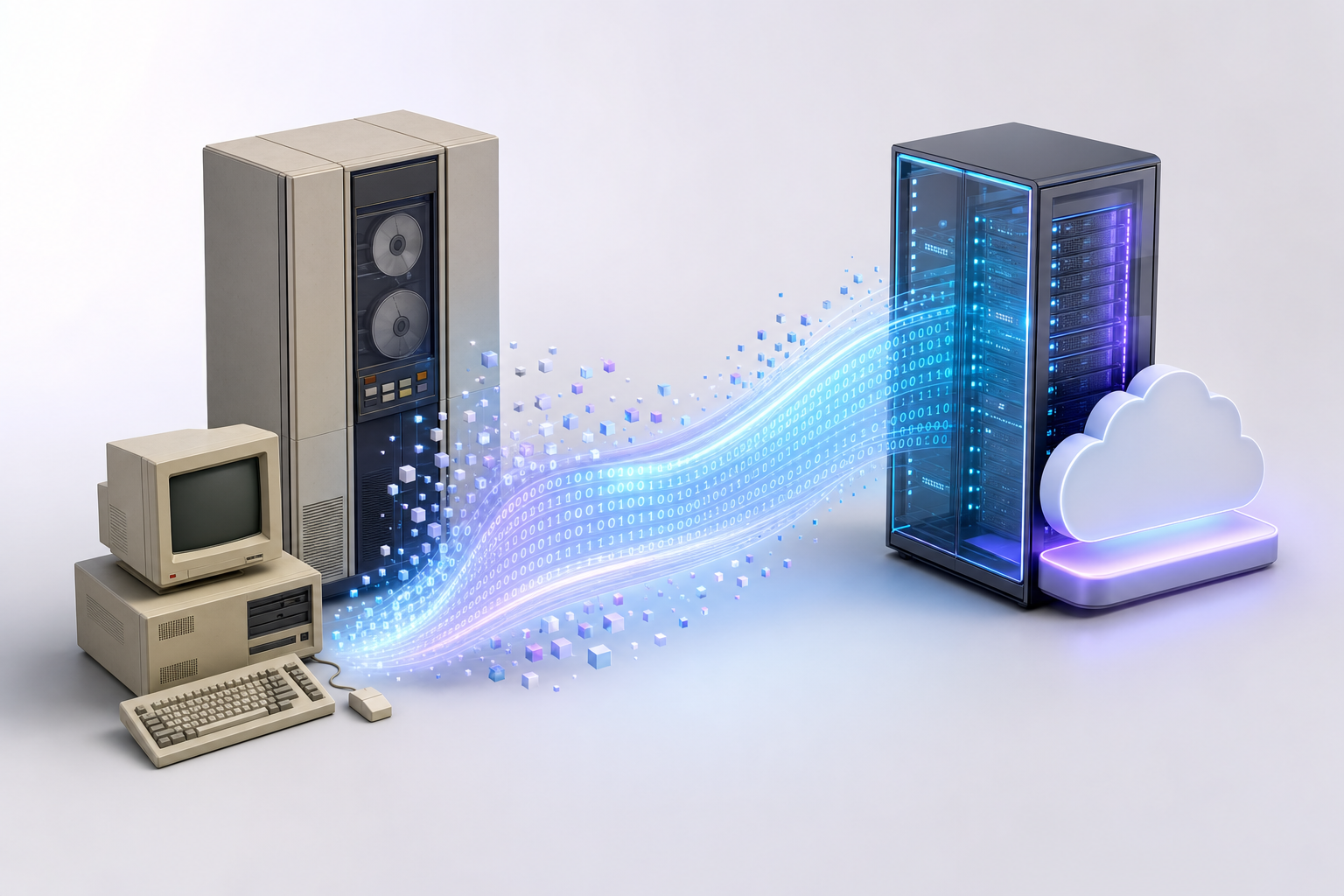 レガシーな旧型コンピューターがデータの流れとともにモダンなサーバーへ変わっていく様子