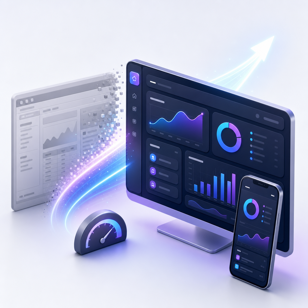 モダンな Web ダッシュボード UI が高速に表示されるイメージ